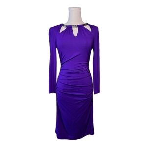 Cache Purple Bodycon Cocktail Dress XS Ruched Rhinestone Party Holiday Glam
